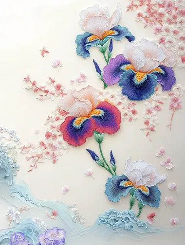 This is an embroidery art painting, Suzhou embroidery, the painting is a scene of spring flowers, irises of gradient colors blooming, part of the background is left blank, vector. 8K, UHD, presents a collection of works of art