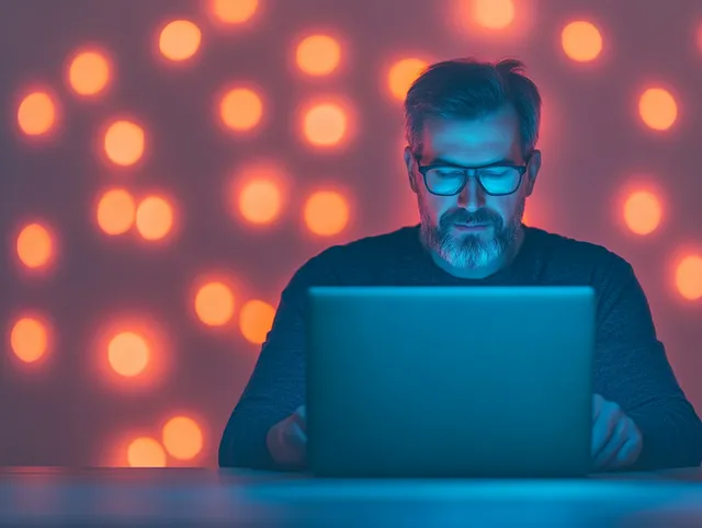 Man in modern office using laptop with AI virtual screen technology