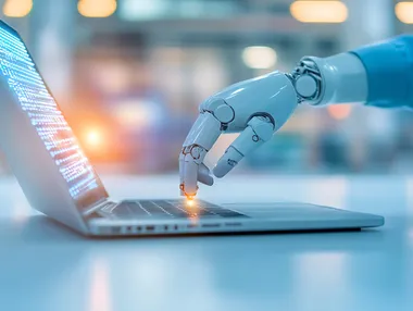 Artificial Intelligence and a worker working with a laptop computer using digital virtual screen technology for an AI concept on business, lifestyle.    rofile obl641d
