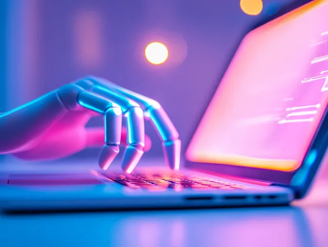 Person working on a laptop in neon-lit workspace using AI technology