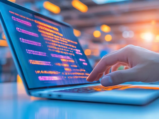 Worker using a laptop in a modern office with AI and digital tech