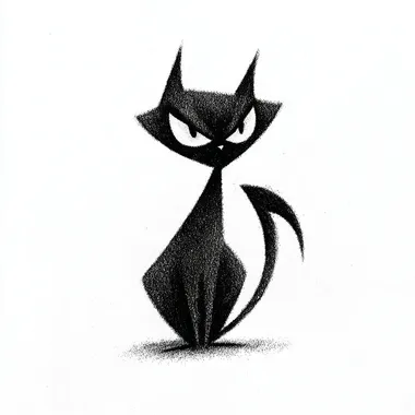 Silhouette of an evil plotting cat, simple clipart style vector illustration isolated on white background. Minimal details, simple shapes, drawn in black ink on paper, clipart isolated on pure white background, monochrome minimalist style