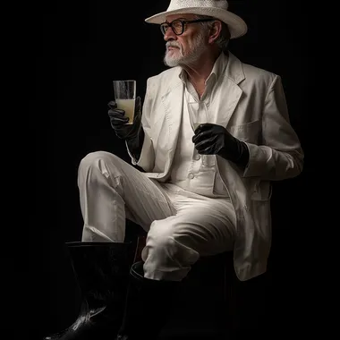old gentleman, gloves ,white clothing,tall and thin,goatee and black high rain boots, suit,patent-leather boots, drinking, color photo, taken in 2024, with a Sony camera. --s 50