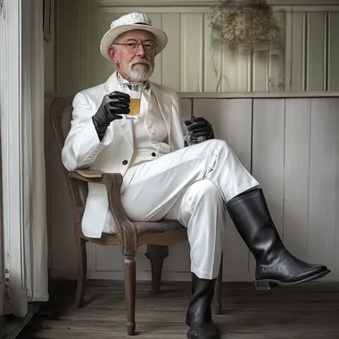 old gentleman, gloves ,white clothing,tall and thin,goatee and black high rain boots, suit,patent-leather boots, drinking, color photo, taken in 2024, with a Sony camera. --s 50