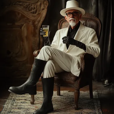 old gentleman, gloves ,white clothing,tall and thin,goatee and black high rain boots, suit,patent-leather boots, drinking, color photo, taken in 2024, with a Sony camera. --s 50
