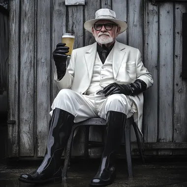 old gentleman, gloves ,white clothing,tall and thin,goatee and black high rain boots, suit,patent-leather boots, drinking, color photo, taken in 2024, with a Sony camera. --s 50