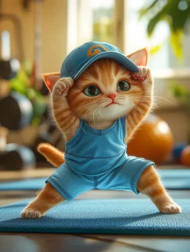 A cute ginger kitten in blue sport uniform shorts and t-shirt, wearing a cap, stretching on an exercise mat inside the bright gym. The cat's pose is one lower leg raise, warm colors, cosy background, in a cartoon style, high resolution, professional lighting and color grading, ultra-realistic,  --s 250