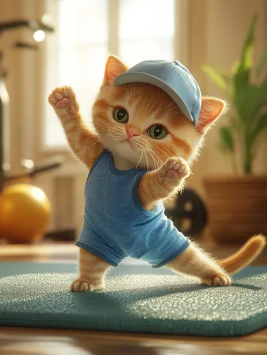 A cute ginger kitten in blue sport uniform shorts and t-shirt, wearing a cap, stretching on an exercise mat inside the bright gym. The cat's pose is one lower leg raise, warm colors, cosy background, in a cartoon style, high resolution, professional lighting and color grading, ultra-realistic,  --s 250