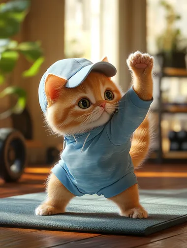 A cute ginger kitten in blue sport uniform shorts and t-shirt, wearing a cap, stretching on an exercise mat inside the bright gym. The cat's pose is one lower leg raise, warm colors, cosy background, in a cartoon style, high resolution, professional lighting and color grading, ultra-realistic,  --s 250