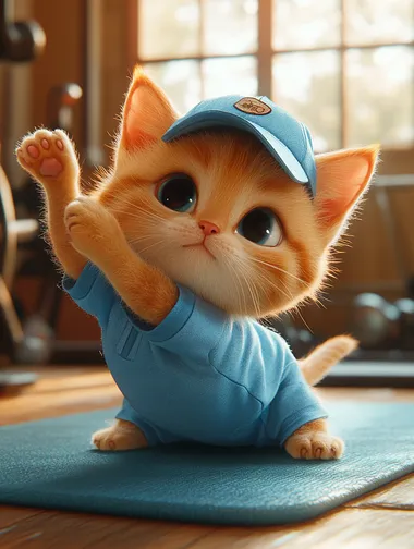 A cute ginger kitten in blue sport uniform shorts and t-shirt, wearing a cap, stretching on an exercise mat inside the bright gym. The cat's pose is one lower leg raise, warm colors, cosy background, in a cartoon style, high resolution, professional lighting and color grading, ultra-realistic,  --s 250