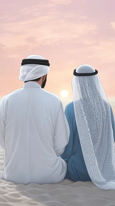 a back shot of an emirati man and woman sitting on a sand at sunset. man is wearing white kandora and white head keffiyeh and woman is wearing blue abaya and blue sheila. dupatta in modern way around her neck. setting is beach at sunset with pink sky. Childrenbook illustration     --s 150  mountains, waves