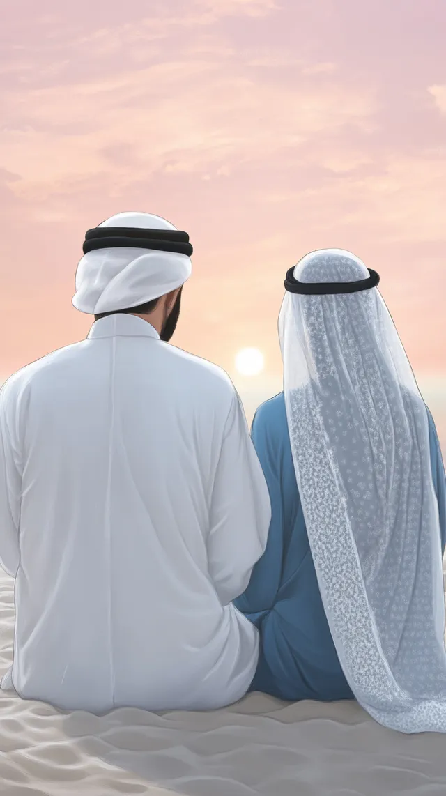Emirati couple sitting on beach at sunset in traditional attire