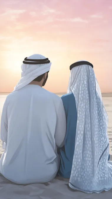 a back shot of an emirati man and woman sitting on a sand at sunset. man is wearing white kandora and white head keffiyeh and woman is wearing blue abaya and blue sheila. dupatta in modern way around her neck. setting is beach at sunset with pink sky. Childrenbook illustration     --s 150  mountains, waves