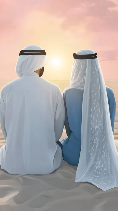 a back shot of an emirati man and woman sitting on a sand at sunset. man is wearing white kandora and white head keffiyeh and woman is wearing blue abaya and blue sheila. dupatta in modern way around her neck. setting is beach at sunset with pink sky. Childrenbook illustration     --s 150  mountains, waves