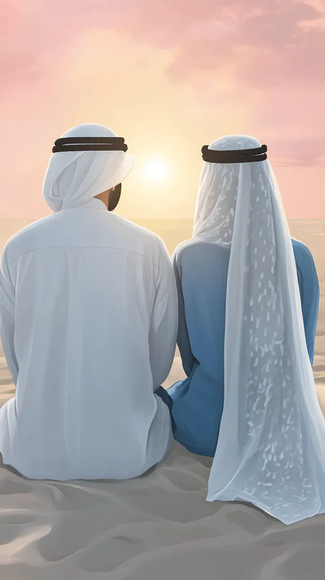 Emirati Couple at Sunset on Dubai Beach in Traditional Attire