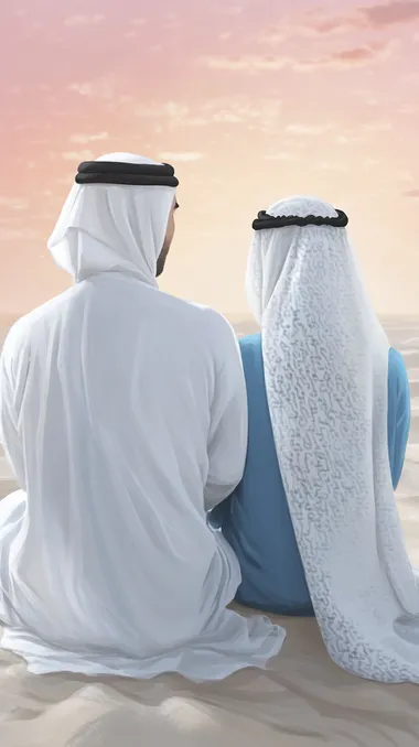 a back shot of an emirati man and woman sitting on a sand at sunset. man is wearing white kandora and white head keffiyeh and woman is wearing blue abaya and blue sheila. dupatta in modern way around her neck. setting is beach at sunset with pink sky. Childrenbook illustration     --s 150  mountains, waves