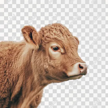 a photo of side view of a brown cow, white png background, realistic