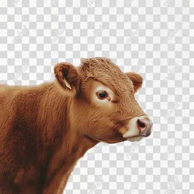 a photo of side view of a brown cow, white png background, realistic