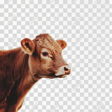 a photo of side view of a brown cow, white png background, realistic
