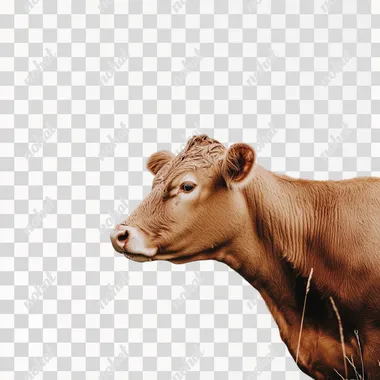 a photo of side view of a brown cow, white png background, realistic