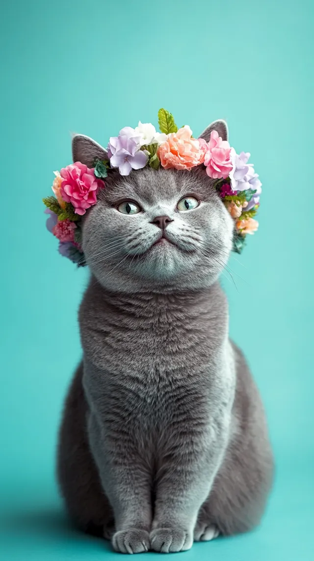 British Shorthair Cat with Flower Crown Smiling in Turquoise Living Room