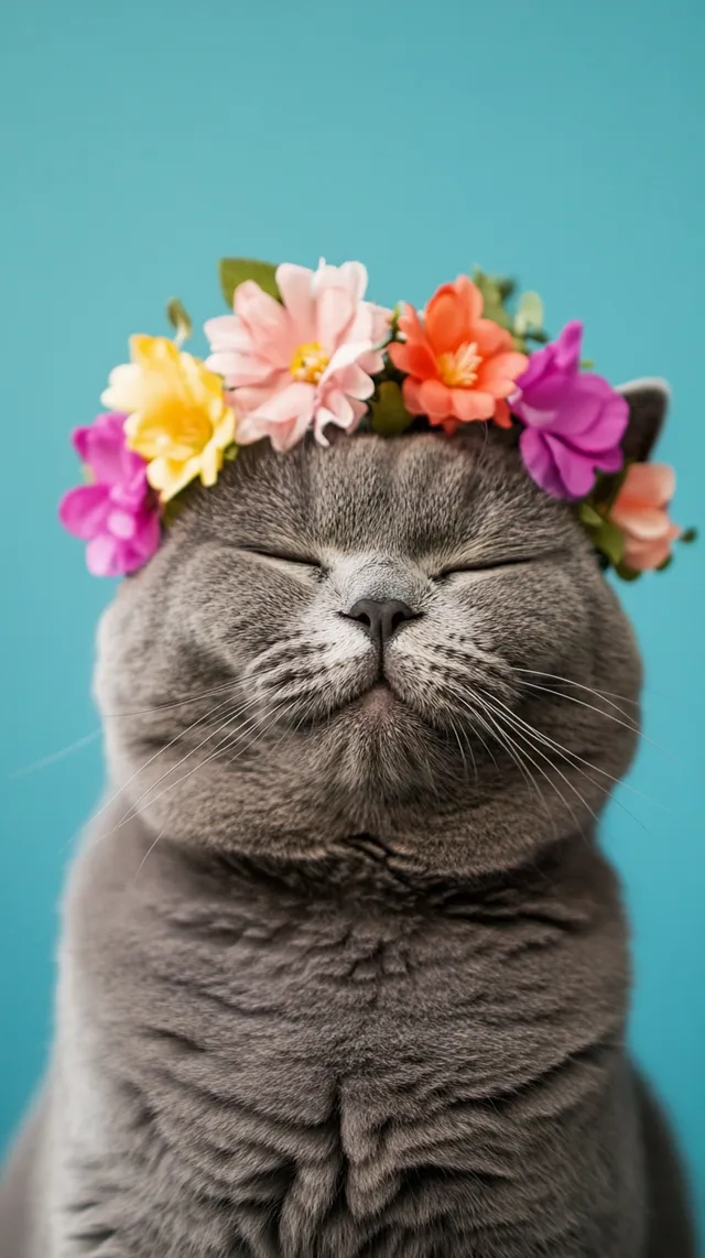 British Shorthair cat with flower crown in serene turquoise setting