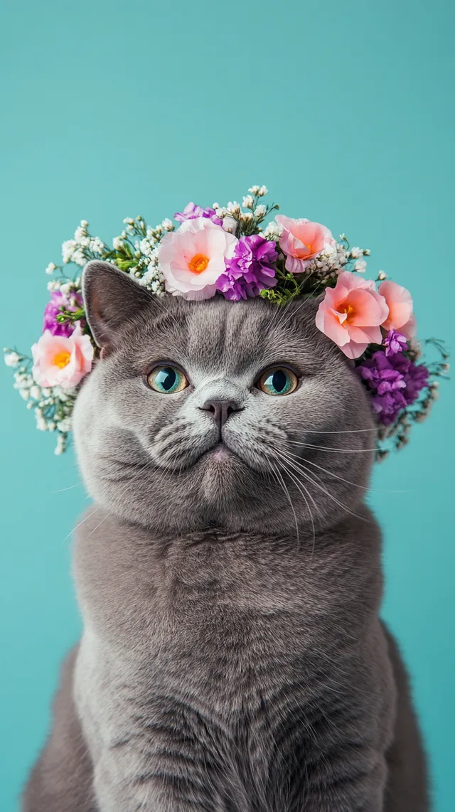 Gray British Shorthair Cat Smiling with Flower Crown in Turquoise Room