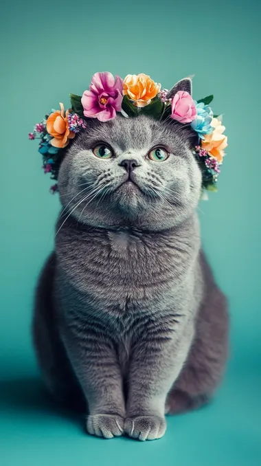 British shorthair cat, gray, eyes open, smiling, he has a wreath of flowers on his head, he is full-length, background turquoise calm