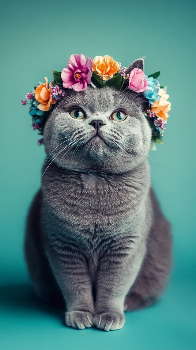 British Shorthair Cat Smiling with Flower Crown in Calm Turquoise Room
