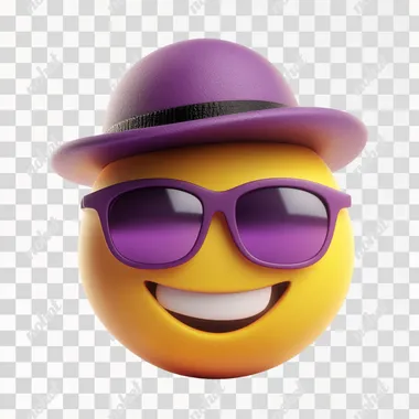 An emoji with purple sunglasses and a yellow smiley face, wear a Detective hat, set against a white background, in a 3D rendering style, with a simple design, high resolution, and high quality. The image has a professional photography look, with a depth of field effect, clear focus, and a symmetrical composition. The lighting is natural, and the colors are bright and cheerful, evoking a sense of happiness and positivity.