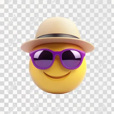 An emoji with purple sunglasses and a yellow smiley face, wear a Detective hat, set against a white background, in a 3D rendering style, with a simple design, high resolution, and high quality. The image has a professional photography look, with a depth of field effect, clear focus, and a symmetrical composition. The lighting is natural, and the colors are bright and cheerful, evoking a sense of happiness and positivity.