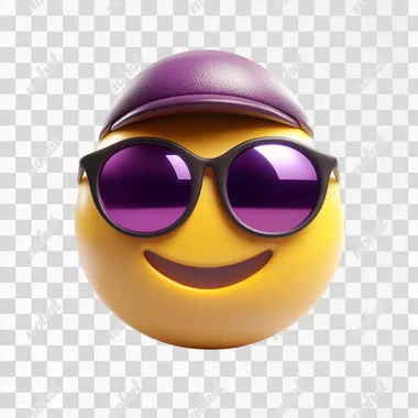 An emoji with purple sunglasses and a yellow smiley face, wear a Detective hat, set against a white background, in a 3D rendering style, with a simple design, high resolution, and high quality. The image has a professional photography look, with a depth of field effect, clear focus, and a symmetrical composition. The lighting is natural, and the colors are bright and cheerful, evoking a sense of happiness and positivity.
