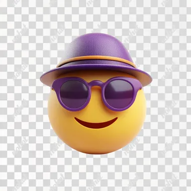 An emoji with purple sunglasses and a yellow smiley face, wear a Detective hat, set against a white background, in a 3D rendering style, with a simple design, high resolution, and high quality. The image has a professional photography look, with a depth of field effect, clear focus, and a symmetrical composition. The lighting is natural, and the colors are bright and cheerful, evoking a sense of happiness and positivity.