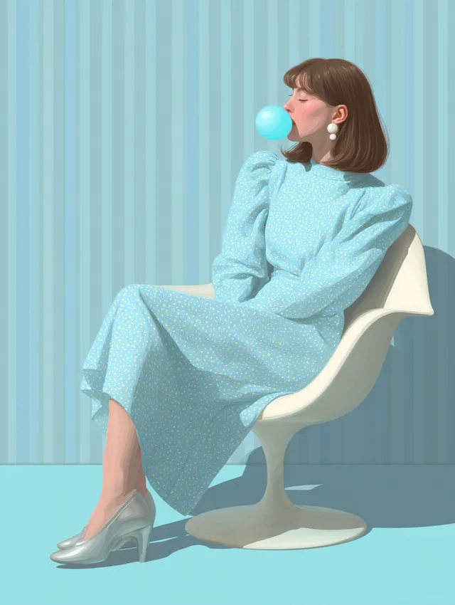 Stylish Woman in Light Blue Dress with Bubblegum