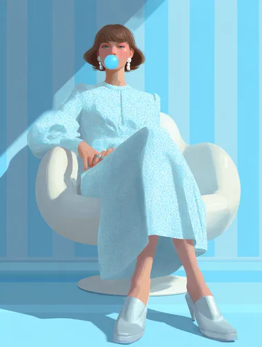 Vector illustration art of style, from a woman light-blue long wool dress with subtle floral patterns sits on a white modern chair, blowing a blue bubblegum bubble; she wears silver shoes, her hair is medium to shoulder with bangs, with pearl earrings; behind her, pale indigo stripes form a clean background.    ch85yes