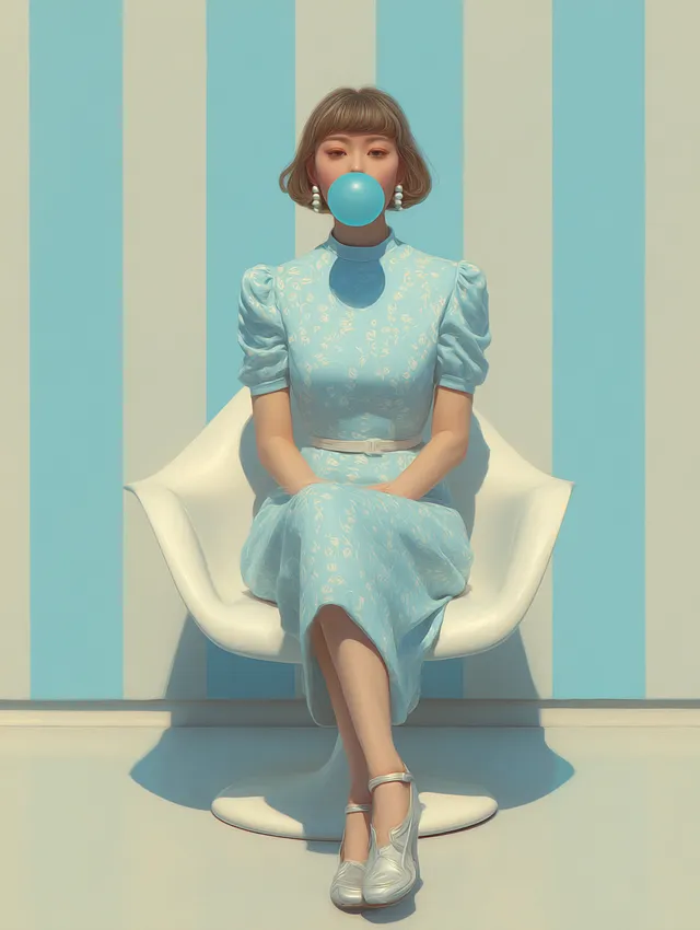 Stylish Woman in Light-Blue Dress with Bubblegum
