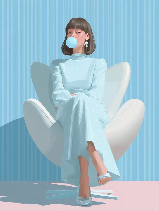Chic Woman in Light Blue Dress Blowing Bubblegum