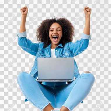 woman in blue outfit sitting with her laptop celebrating and smiling. Woman Centered in the image, white background --s 50