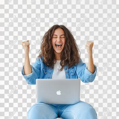 woman in blue outfit sitting with her laptop celebrating and smiling. Woman Centered in the image, white background --s 50