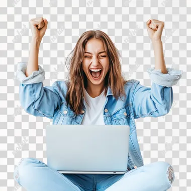 woman in blue outfit sitting with her laptop celebrating and smiling. Woman Centered in the image, white background --s 50
