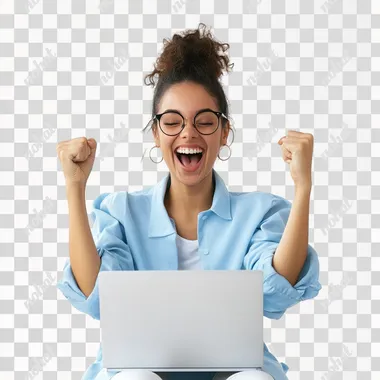 woman in blue outfit sitting with her laptop celebrating and smiling. Woman Centered in the image, white background --s 50