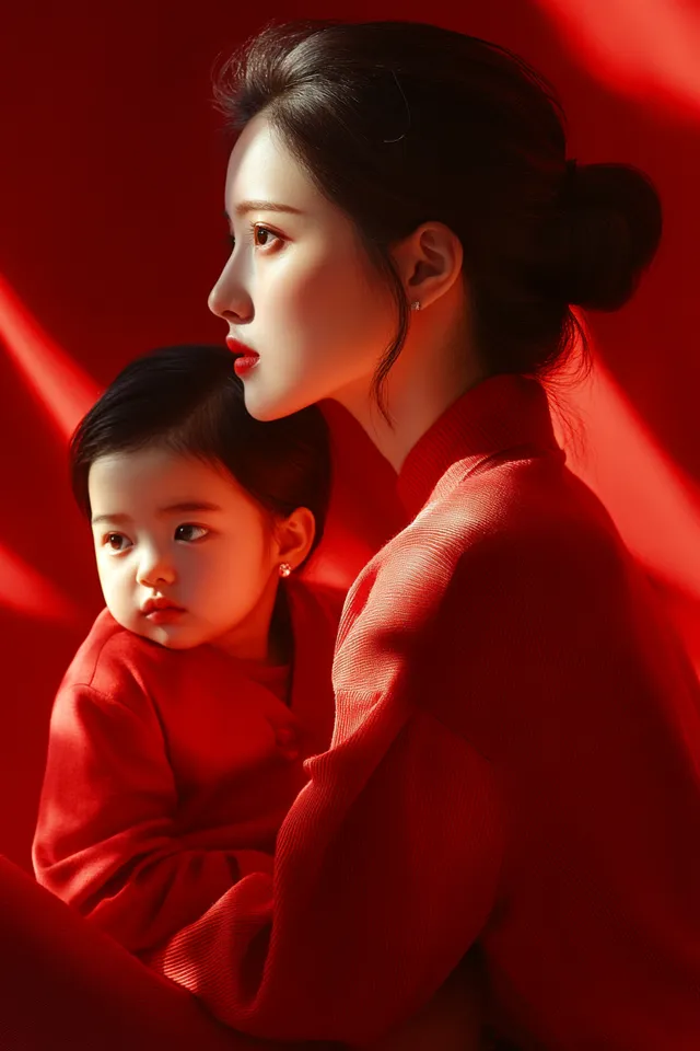 Chinese woman Liu Yifei in a red dress holding a baby, urban setting