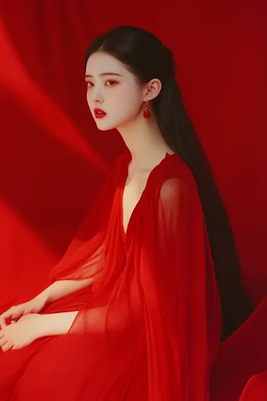 film still,by Giorgio Armani, fashion photography, a Chinese lady,Liu Yifei,sitting,red theme,simple background, full shot,full baby,low angle,front side angle,soft light,8k,ultra detail
