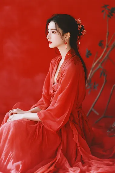 film still,by Giorgio Armani, fashion photography, a Chinese lady,Liu Yifei,sitting,red theme,simple background, full shot,full baby,low angle,front side angle,soft light,8k,ultra detail