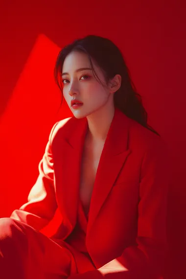 film still,by Giorgio Armani, fashion photography, a Chinese lady,Liu Yifei,sitting,red theme,simple background, full shot,full baby,low angle,front side angle,soft light,8k,ultra detail