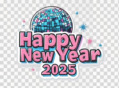 "Happy New Year 2025", text in a retro groovy style font with a disco ball in the background, pink and blue colors on a white background, a clipart design for a sticker, high resolution, no shadow, a cute colorful cartoon vector illustration, a simple flat line color design that can be easily cut out and pasted onto another picture, with a thick black outline only.