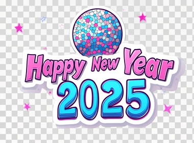 "Happy New Year 2025", text in a retro groovy style font with a disco ball in the background, pink and blue colors on a white background, a clipart design for a sticker, high resolution, no shadow, a cute colorful cartoon vector illustration, a simple flat line color design that can be easily cut out and pasted onto another picture, with a thick black outline only.