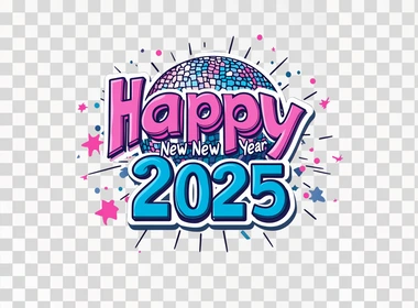 "Happy New Year 2025", text in a retro groovy style font with a disco ball in the background, pink and blue colors on a white background, a clipart design for a sticker, high resolution, no shadow, a cute colorful cartoon vector illustration, a simple flat line color design that can be easily cut out and pasted onto another picture, with a thick black outline only.