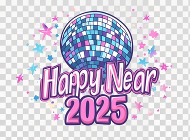 "Happy New Year 2025", text in a retro groovy style font with a disco ball in the background, pink and blue colors on a white background, a clipart design for a sticker, high resolution, no shadow, a cute colorful cartoon vector illustration, a simple flat line color design that can be easily cut out and pasted onto another picture, with a thick black outline only.