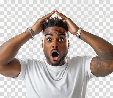 A man with his hands on the sides of his head, a shocked and surprised expression, against a white background, wearing a t-shirt. Portrait photography. Shot with a Nikon D850 DSLR camera and a 24mm f/2.8 lens. Color grading to achieve a hyper-realistic effect.